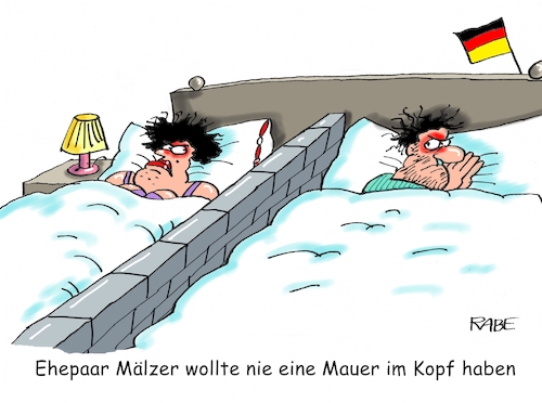 Cartoon: Mauerfall II (medium) by RABE tagged mauerfall,grenzöffnung,deutsche,einheit,bett,ehepaar,rabe,ralf,böhme,cartoon,fetsakt,feierlichkeiten,merkel,berlin,mauerfall,grenzöffnung,deutsche,einheit,bett,ehepaar,rabe,ralf,böhme,cartoon,fetsakt,feierlichkeiten,merkel,berlin