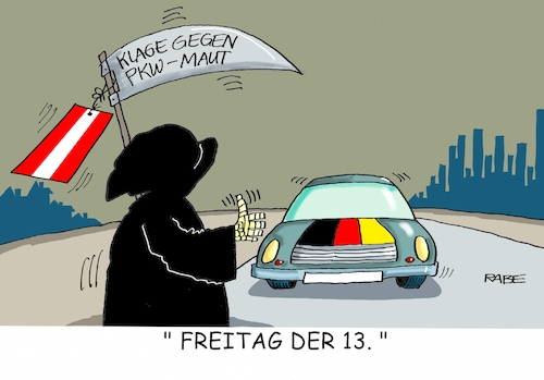 Cartoon: Mautklage (medium) by RABE tagged pkw,maut,dobrindt,bundesverkehrsminister,csu,brüssel,eu,klage,österreich,wien,rabe,ralf,böhme,cartoon,karikatur,pressezeichnung,farbcartoon,tagescartoon,ausländermaut,autobahn,kraftfahrer,tod,sense,sensenmann,freit,der,dreizehnte,pkw,maut,dobrindt,bundesverkehrsminister,csu,brüssel,eu,klage,österreich,wien,rabe,ralf,böhme,cartoon,karikatur,pressezeichnung,farbcartoon,tagescartoon,ausländermaut,autobahn,kraftfahrer,tod,sense,sensenmann,freit,der,dreizehnte