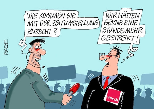 Cartoon: Megazeit (medium) by RABE tagged gewerkschaften,tarife,tarifverhandlungen,streik,gew,verdi,rabe,ralf,böhme,cartoon,karikatur,pressezeichnung,farbcartoon,tagescartoon,schleifstein,messer,gewerkschaftsmitglieder,megastreik,streikwelle,fernverkehr,nahverkehr,flughäfen,zeit,zeitumstellung,sommerzeit,frühling,interview,gewerkschaftsbosse,arbeitgeber,arbeitnehmer,gewerkschaften,tarife,tarifverhandlungen,streik,gew,verdi,rabe,ralf,böhme,cartoon,karikatur,pressezeichnung,farbcartoon,tagescartoon,schleifstein,messer,gewerkschaftsmitglieder,megastreik,streikwelle,fernverkehr,nahverkehr,flughäfen,zeit,zeitumstellung,sommerzeit,frühling,interview,gewerkschaftsbosse,arbeitgeber,arbeitnehmer