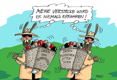 Cartoon: Mein Name ist Hase (medium) by RABE tagged brüssel,terror,anschläge,selbstmordattentäter,sprengstoffgürtel,is,islamisten,rabe,ralf,böhme,cartoon,karikatur,pressezeichnung,farbcartoon,tagescartoon,geheimdienste,bespitzelung,daten,datenaustauch,spione,attentäter,terrorwarnung,ostern,osterhase,ostereier,suche,schlapphut,schlapphüte,brüssel,terror,anschläge,selbstmordattentäter,sprengstoffgürtel,is,islamisten,rabe,ralf,böhme,cartoon,karikatur,pressezeichnung,farbcartoon,tagescartoon,geheimdienste,bespitzelung,daten,datenaustauch,spione,attentäter,terrorwarnung,ostern,osterhase,ostereier,suche,schlapphut,schlapphüte