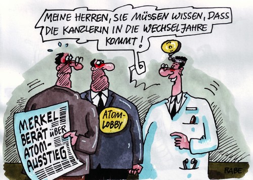 Cartoon: Merkels Wechseljahre (medium) by RABE tagged wechseljahre,gynäkologe,frauenarzt,beschwerden,monatsblutung,kanzlerin,merkel,cdu,bundesregierung,koalition,opposition,fdp,csu,linke,grüne,euro,krise,atompolitik,atomausstieg,atomdebatte,atomlobby,atomkraftwerke,abschalten,restrisiko,moratorium,brennstäbe,strahlung,strahlungsbelastung,umweltkatastrophe,atomgegner,kernspaltung,reaktor,fukushima,tschernobyl,herren,männer,nachrichten,presse,schlagzeile,arzt,diagnose,energiekonzept,energiewende,kanzleramt,länderkammer,zeitplan,wechseljahre,gynäkologe,frauenarzt,beschwerden,monatsblutung,kanzlerin,merkel,cdu,bundesregierung,koalition,opposition,fdp,euro,krise