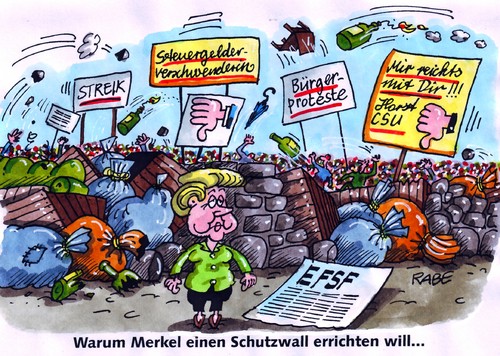 Cartoon: Merkelwall (medium) by RABE tagged merkel,kanzlerin,cdu,frankreich,sarkozy,euro,eurokrise,eurorettung,rettungsschirm,efsf,finanzchefs,schuldenschnitt,griechenland,steuergelder,barrikade,proteste,streik,seehofer,bayern,csu,schutzwall,merkel,sarkozy,eurokrise,eurorettung,rettungsschirm