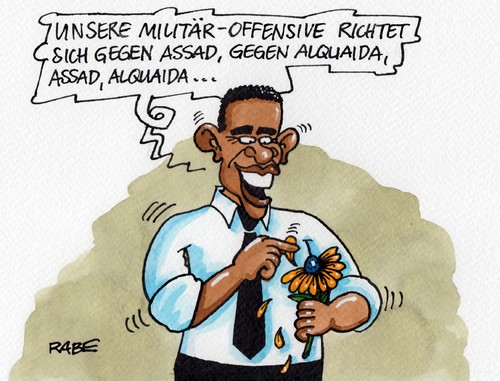 Cartoon: Militärschlag Syrien (medium) by RABE tagged obama,usa,syrien,assad,giftgas,giftgaseinsatz,militäroffensive,militärschlag,kampfjet,luftwaffe,assadregime,alquaida,opposition,terroristen,taliban,präsident,rabe,ralf,böhme,cartoon,karikatur,pressezeichnung,farbcartoon,gänseblümchen,blütenblätter,intervention,langstreckenbomber,marschflugkörper,kriegsschiffe,kerry,obama,usa,syrien,assad,giftgas,giftgaseinsatz,militäroffensive,militärschlag,kampfjet,luftwaffe,assadregime,alquaida,opposition,terroristen,taliban,präsident,rabe,ralf,böhme,cartoon,karikatur,pressezeichnung,farbcartoon,gänseblümchen,blütenblätter,intervention,langstreckenbomber,marschflugkörper,kriegsschiffe,kerry