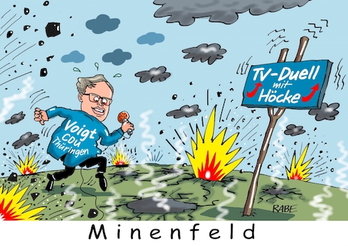 Cartoon: Minenfeld (medium) by RABE tagged landtagswahl,thüringen,septemper,cdu,afd,mario,voigt,bernd,höcke,tv,duell,fernsehduell,rabe,ralf,böhme,cartoon,karikatur,pressezeichnung,farbcartoon,tagescartoon,minen,minenfeld,explosionen,feuer,rauch,granaten,waffen,landtagswahl,thüringen,septemper,cdu,afd,mario,voigt,bernd,höcke,tv,duell,fernsehduell,rabe,ralf,böhme,cartoon,karikatur,pressezeichnung,farbcartoon,tagescartoon,minen,minenfeld,explosionen,feuer,rauch,granaten,waffen