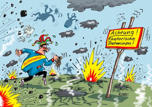 Cartoon: Minenfeld Büttenreden (medium) by RABE tagged rosenmontag,rosenmontagsumzug,motivwagen,sturm,sturmwarnung,köln,mainz,rabe,ralf,böhme,kartoon,karikatur,pressezeichnung,farbcartoon,tagescartoon,karnevalisten,absage,umweltschutz,demos,klimawandel,bütt,büttenredner,minenfeld,rhetorik,sprengkraft,akk,annegret,kramp,karrenbauer,text,manuskript,rosenmontag,rosenmontagsumzug,motivwagen,sturm,sturmwarnung,köln,mainz,rabe,ralf,böhme,kartoon,karikatur,pressezeichnung,farbcartoon,tagescartoon,karnevalisten,absage,umweltschutz,demos,klimawandel,bütt,büttenredner,minenfeld,rhetorik,sprengkraft,akk,annegret,kramp,karrenbauer,text,manuskript