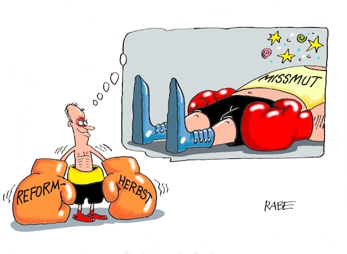 Cartoon: Missmut (medium) by RABE tagged merz,kanzler,koalition,union,spd,klingbeil,cartoon,karikatur,pressezeichnung,farbcartoon,tagescartoon,db,bahn,frühling,frühjahr,frühjahrsputz,ice,zug,blumenkasten,blumenkästen,esc,songcontest,klausurtagung,missmut,zuversicht,reformherbst,herbst,reformpaket,boxer,boxhandschuhe,denkblase,merz,kanzler,koalition,union,spd,klingbeil,cartoon,karikatur,pressezeichnung,farbcartoon,tagescartoon,db,bahn,frühling,frühjahr,frühjahrsputz,ice,zug,blumenkasten,blumenkästen,esc,songcontest,klausurtagung,missmut,zuversicht,reformherbst,herbst,reformpaket,boxer,boxhandschuhe,denkblase