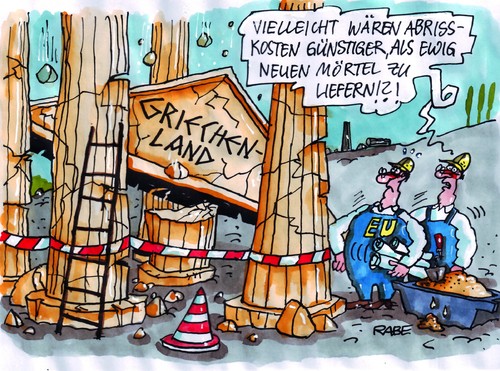 Cartoon: Mörtelmatsch (medium) by RABE tagged griechenland,athen,papademos,euro,eu,brüssel,eurokrise,schuldenkrise,schuldenschnitt,eurobonds,schuldenerlass,rettungsschirm,kanzlerin,merkel,cdu,frankreich,deutschland,berlin,paris,sarkozy,staatspräsident,kredit,börse,dax,dowjones,kosten,abriss,abrisskosten,baustelle,finanzchefs,finanzmimnister,geldgeber,staatschefs,absperrband,bauarbeiter,maurer,mörtel,beton,zement,stütze,mauererkelle,säulen,tempel,götter,olymp,hellas,streiks,lohnkürzungen,baufälligkeit,griechenland,athen,papademos,euro,brüssel,eu,eurokrise,schuldenkrise,schuldenschnitt,rettungsschirm,schuldenerlass,merkel,eurobonds