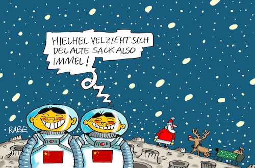 Cartoon: Mondlandung (medium) by RABE tagged weihnachten,weihnachtsmann,schlitten,rentiere,kanzlerin,merkel,rabe,ralf,böhme,cartoon,karikatur,pressezeichnung,farbcartoon,tagescartoon,china,peking,mond,mondlandung,rückseite,mondrakete,weihnachten,weihnachtsmann,schlitten,rentiere,kanzlerin,merkel,rabe,ralf,böhme,cartoon,karikatur,pressezeichnung,farbcartoon,tagescartoon,china,peking,mond,mondlandung,rückseite,mondrakete