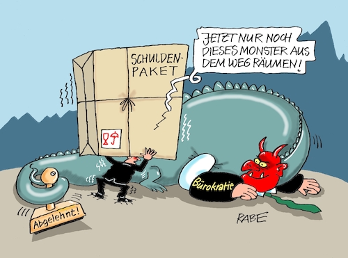 Cartoon: Monster AG (medium) by RABE tagged ampel,ampelregierung,rot,grün,gelb,fdp,spd,grüne,rabe,ralf,böhme,cartoon,karikatur,pressezeichnung,farbcartoon,tagescartoon,inflation,einkommen,rente,rentenpaket,bruch,streit,neuwahlen,schulden,schuldenpaket,sondervermögen,bundestag,monster,drache,drachen,bürokratie,bürokratiemonster,hindernis,stempel,beamter,behörde,amt,ampel,ampelregierung,rot,grün,gelb,fdp,spd,grüne,rabe,ralf,böhme,cartoon,karikatur,pressezeichnung,farbcartoon,tagescartoon,inflation,einkommen,rente,rentenpaket,bruch,streit,neuwahlen,schulden,schuldenpaket,sondervermögen,bundestag,monster,drache,drachen,bürokratie,bürokratiemonster,hindernis,stempel,beamter,behörde,amt