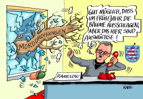 Cartoon: Morddrohung (medium) by RABE tagged ramelow,thüringen,linke,rotrotgrün,mord,morddrohung,ministerpräsident,bodo,rabe,ralf,böhme,cartoon,karikatur,pressezeichnung,farbcartoon,tagescartoon,staatskanzlei,flüchtlingshein,ramelow,thüringen,linke,rotrotgrün,mord,morddrohung,ministerpräsident,bodo,rabe,ralf,böhme,cartoon,karikatur,pressezeichnung,farbcartoon,tagescartoon,staatskanzlei,flüchtlingshein