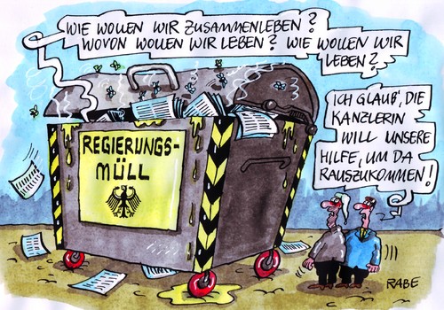 Cartoon: Müllkonzept (medium) by RABE tagged bundeskanzlerin,merkel,cdu,bundesregierung,regierung,müll,regierungsmüll,euro,krise,internet,bürger,bürgerforum,zukunft,fragen,antworten,zukunftsdialog,mitgestaltung,projekt,dialog,über,deutschland,website,kanzlerin,videobotschaft,wohlstand,gesellschaft,bürgernähe,bürgerkontakt,onlinedialog,zusammenleben,leben,hilfe,unterstützung,mülltonne,müllcontainer,bundeskanzlerin,merkel,cdu,bundesregierung,regierung,müll,regierungsmüll,euro,krise,internet,bürger,antworten,fragen,bürgerforum