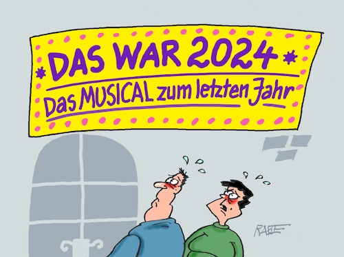 Cartoon: Musicalzeit (medium) by RABE tagged silvester,silvesterfeier,neujahr,rabe,ralf,böhme,cartoon,karikatur,pressezeichnung,farbcartoon,tagescartoon,musical,theater,jahresrückblick,silvester,silvesterfeier,neujahr,rabe,ralf,böhme,cartoon,karikatur,pressezeichnung,farbcartoon,tagescartoon,musical,theater,jahresrückblick