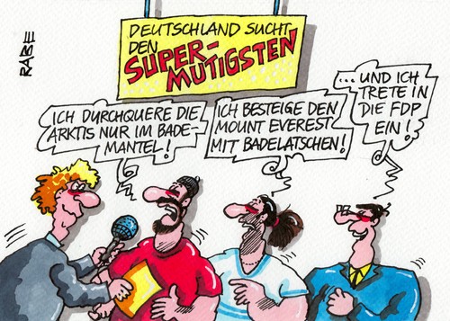 Cartoon: Mutiges (medium) by RABE tagged mut,mutig,superstar,supermutig,fdp,liberale,brüderle,rösler,untergang,bundestagswahl,zweitstimme,stimmverlust,bundestag,regierungsbildung,koalitionsgespräche,merkel,cdu,csu,rabe,ralf,böhme,cartoon,karikatur,pressezeichnung,farbcartoon,moderator,fernsehshow,supertalent,rtl,einschaltquoten,arktis,schnee,eis,kälte,minusgrade,deutschland,tv,show,besteigung,kleterer,bergsteiger,himalaja,mount,everest,mounteverest,messner,badelatschen,beitritt,mitglied,suche,realityshow,mut,mutig,superstar,supermutig,fdp,liberale,brüderle,rösler,untergang,bundestagswahl,zweitstimme,stimmverlust,bundestag,regierungsbildung,koalitionsgespräche,merkel,cdu,csu,rabe,ralf,böhme,cartoon,karikatur,pressezeichnung,farbcartoon,moderator,fernsehshow,supertalent,rtl,einschaltquoten,arktis,schnee,eis,kälte,minusgrade,deutschland,tv,show,besteigung,kleterer,bergsteiger,himalaja,mount,everest,mounteverest,messner,badelatschen,beitritt,mitglied,suche,realityshow