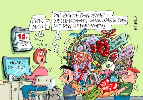 Cartoon: Muttertag brav (medium) by RABE tagged virus,corona,pandemie,coronakrise,rabe,ralf,böhme,cartoon,karikatur,pressezeichnung,farbcartoon,tagescartoon,viren,virenschutz,mundschutz,desinfektion,föderal,föderalismus,ländersache,homeoffice,schulbeginn,abstand,abstandsregeln,lockerung,pandemiewelle,mutti,mutter,muttertag,mama,kinder,söhne,sohn,tochter,haushalt,präsent,präsentkorb,blumen,pralinen,gutscheine,virus,corona,pandemie,coronakrise,rabe,ralf,böhme,cartoon,karikatur,pressezeichnung,farbcartoon,tagescartoon,viren,virenschutz,mundschutz,desinfektion,föderal,föderalismus,ländersache,homeoffice,schulbeginn,abstand,abstandsregeln,lockerung,pandemiewelle,mutti,mutter,muttertag,mama,kinder,söhne,sohn,tochter,haushalt,präsent,präsentkorb,blumen,pralinen,gutscheine