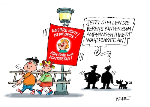 Cartoon: Muttertag plakatiert (medium) by RABE tagged muttertag,mutti,kinder,feiertag,geschenke,mütter,großmütter,glückwünsche,rabe,ralf,böhme,cartoon,karikatur,pressezeichnung,farbcartoon,tagescartoon,plakat,leiter,laterne,wahlkampf,wahlkämpfer,europawahl,kommunalwahl,landtagswahl,bundesländer,muttertag,mutti,kinder,feiertag,geschenke,mütter,großmütter,glückwünsche,rabe,ralf,böhme,cartoon,karikatur,pressezeichnung,farbcartoon,tagescartoon,plakat,leiter,laterne,wahlkampf,wahlkämpfer,europawahl,kommunalwahl,landtagswahl,bundesländer