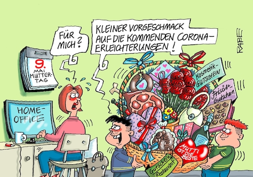 Cartoon: Muttitag (medium) by RABE tagged muttertag,mutter,mutti,sonntag,kinder,präsente,geschenke,rabe,ralf,böhme,cartoon,karikatur,pressezeichnung,farbcartoon,tagescartoon,geschenk,präsentkorb,gutscheine,pralinen,blumenstrauß,corona,homeoffice,muttertag,mutter,mutti,sonntag,kinder,präsente,geschenke,rabe,ralf,böhme,cartoon,karikatur,pressezeichnung,farbcartoon,tagescartoon,geschenk,präsentkorb,gutscheine,pralinen,blumenstrauß,corona,homeoffice