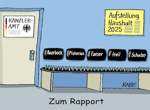 Cartoon: Nachsitzen (medium) by RABE tagged ampel,ampelregierung,rot,grün,gelb,fdp,spd,grüne,rabe,ralf,böhme,cartoon,karikatur,pressezeichnung,farbcartoon,tagescartoon,nachsitzen,rapport,kanzleramt,haushaltsdebatte,bundeshaushalt,schuldenbremse,lindner,finanzminister,baerbock,ausgaben,pistorius,faeser,schulze,heil,bank,sitzfläche,nagel,nägel,nagelbrett,ampel,ampelregierung,rot,grün,gelb,fdp,spd,grüne,rabe,ralf,böhme,cartoon,karikatur,pressezeichnung,farbcartoon,tagescartoon,nachsitzen,rapport,kanzleramt,haushaltsdebatte,bundeshaushalt,schuldenbremse,lindner,finanzminister,baerbock,ausgaben,pistorius,faeser,schulze,heil,bank,sitzfläche,nagel,nägel,nagelbrett