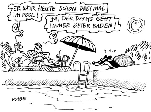 Cartoon: Nasser Dachs (medium) by RABE tagged dax,börse,banker,euro,krise,eu,brüssel,dowjones,stier,bär,frankfurt,finanzminister,schäuble,cdu,spekulanten,börsianer,wertpapier,verlust,gewinn,aktien,dachs,säugetier,swimmingpool,pool,wasser,schwimmbecken,sonne,hitze,sonnenschirm,drink,liege,liegestuhl,ehepaar,mann,frau,baden,schwimmen,schwimmbad,hitzewelle,schwitzen,dax,index,wertpapier,aktie,börse,frankfurt,börsianer,spekulanten,banker,dowjones,gewinne,verluste