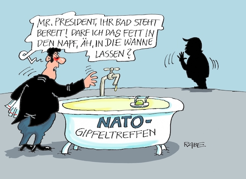 Cartoon: Nato Fettnapf (medium) by RABE tagged nato,natogipfel,gipfeltreffen,brüssel,stoltenberg,trump,president,militärausgaben,steigerung,wehretat,rabe,ralf,böhme,cartoon,karikatur,pressezeichnung,farbcartoon,tagescartoon,butler,diener,badewanne,napf,fettnapf,fett,merkel,russland,geisel,enrgieversorgung,gazprom,nato,natogipfel,gipfeltreffen,brüssel,stoltenberg,trump,president,militärausgaben,steigerung,wehretat,rabe,ralf,böhme,cartoon,karikatur,pressezeichnung,farbcartoon,tagescartoon,butler,diener,badewanne,napf,fettnapf,fett,merkel,russland,geisel,enrgieversorgung,gazprom