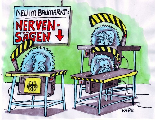 Cartoon: Nervensägen (medium) by RABE tagged politiker,merkel,seehofer,westerwelle,nervensägen,baumarkt,tischkreissägen,bundesregierung,angebot,angela merkel,horst seehofer,guido westerwelle,nervensäge,baumarkt,tischkreissägen,bundesregierung,angebot,angela,merkel,horst,seehofer,guido,westerwelle