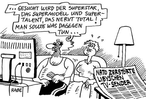 Cartoon: Nerviges Fernsehen (medium) by RABE tagged nato,militär,militärbündnis,libyen,gaddafi,diktator,wüste,fernsehsender,fernsehstation,raketenangriff,rebellen,staatsfernsehen,duberstar,supermodell,supertalent,dieter,bohlen,heidi,klum,modellkarriere,rtl,tv,vox,privatfernsehen,fernbedienung,ehepaar,couch,fernsehabend,mann,frau,zeitung,nachrichten,nato,militär,militärbündnis,libyen,gaddafi,diktator,wüste,fernsehsender,fernsehstation