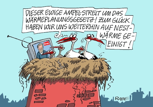 Cartoon: Nestwärme (medium) by RABE tagged wärmeplanungsgesetz,ampelstreit,heizungsgesetz,heizungstausch,wärmepumpen,gasheizung,ölheizung,robert,habeck,grüne,wärmewende,rabe,ralf,böhme,catoon,karikatur,pressezeichnung,farbcartoon,tagescartoon,storch,störche,horst,nest,schornstein,monitor,tv,nestwärme,einigung,wärmeplanungsgesetz,ampelstreit,heizungsgesetz,heizungstausch,wärmepumpen,gasheizung,ölheizung,robert,habeck,grüne,wärmewende,rabe,ralf,böhme,catoon,karikatur,pressezeichnung,farbcartoon,tagescartoon,storch,störche,horst,nest,schornstein,monitor,tv,nestwärme,einigung