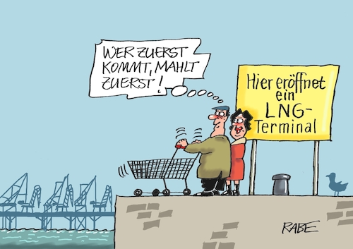 Cartoon: Neueröffnung (medium) by RABE tagged gas,gassparen,gasnotstand,gasgeben,sanktionen,gasspeicher,gasheizung,rabe,ralf,böhme,cartoon,karikatur,pressezeichnung,farbcartoon,tagescartoon,robert,habeck,putin,ukrainekrieg,wumms,doppelwumms,gasterminal,lng,flüssiggas,eröffnung,neueröffnung,ehepaar,korbwagen,einkaufswagen,übersee,tanker,kai,möwe,gas,gassparen,gasnotstand,gasgeben,sanktionen,gasspeicher,gasheizung,rabe,ralf,böhme,cartoon,karikatur,pressezeichnung,farbcartoon,tagescartoon,robert,habeck,putin,ukrainekrieg,wumms,doppelwumms,gasterminal,lng,flüssiggas,eröffnung,neueröffnung,ehepaar,korbwagen,einkaufswagen,übersee,tanker,kai,möwe