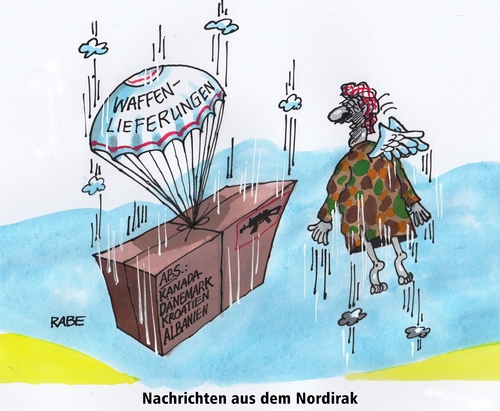 Cartoon: Neues aus dem Nordirak (medium) by RABE tagged irak,nordirak,waffenlieferung,waffenexporte,terroristen,kurden,sturmgewehre,raketen,is,isis,radikalislamisten,vormarsch,raketenbeschuss,christen,gläubige,muslime,deutschland,waffen,merkel,bundesregierung,rüstungsindustrie,hilfsgüter,rabe,ralf,böhme,cartoon,karikatur,pressezeichnung,farbcartoon,tagescartoon,fallschirm,hilfspaket,himmel,engel,kanada,dänemark,kroatien,alnanien,usa,kapfjet,irak,nordirak,waffenlieferung,waffenexporte,terroristen,kurden,sturmgewehre,raketen,is,isis,radikalislamisten,vormarsch,raketenbeschuss,christen,gläubige,muslime,deutschland,waffen,merkel,bundesregierung,rüstungsindustrie,hilfsgüter,rabe,ralf,böhme,cartoon,karikatur,pressezeichnung,farbcartoon,tagescartoon,fallschirm,hilfspaket,himmel,engel,kanada,dänemark,kroatien,alnanien,usa,kapfjet