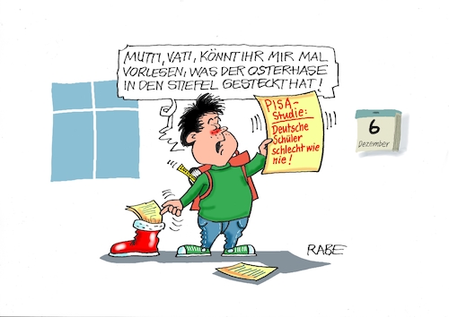 Cartoon: Nix im Stiefel (medium) by RABE tagged schule,schüler,lehrer,schultafel,schwamm,bildung,digtalpakt,bund,länder,rabe,ralf,böhme,cartoon,karikatur,pressezeichnung,farbcartoon,tagescartoon,abwischer,schulranzen,pisa,pisastudie,ergebnisse,nikolaus,nikolaustag,nikolausstiefel,osterhase,mutti,vati,vorleser,analphabet,schule,schüler,lehrer,schultafel,schwamm,bildung,digtalpakt,bund,länder,rabe,ralf,böhme,cartoon,karikatur,pressezeichnung,farbcartoon,tagescartoon,abwischer,schulranzen,pisa,pisastudie,ergebnisse,nikolaus,nikolaustag,nikolausstiefel,osterhase,mutti,vati,vorleser,analphabet