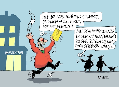 Cartoon: Nochmal Frei (medium) by RABE tagged corona,bundländerkonferenz,merkel,kanzleramt,lockerungen,stufenplan,öffnungen,lockdown,shutdown,baumärkte,impfdosen,rki,fallzahlen,inzidenzwert,spahn,impfzentren,impfreihenfolge,notbremse,impfpass,impfausweis,frei,reisefreiheit,ddr,westen,corona,bundländerkonferenz,merkel,kanzleramt,lockerungen,stufenplan,öffnungen,lockdown,shutdown,baumärkte,impfdosen,rki,fallzahlen,inzidenzwert,spahn,impfzentren,impfreihenfolge,notbremse,impfpass,impfausweis,frei,reisefreiheit,ddr,westen