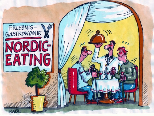 Cartoon: Nordiceating (medium) by RABE tagged gastronomie,erlebnisgastronomie,gaststätte,gasthaus,gasthof,restaurant,nordic,walking,eating,kellner,bedienung,mann,frau,ehepaar,trinkgeld,speisekarte,essen,trinken,teller,besteck,messer,gabel,tischtuch,ober,oberkellner,wein,kerze,dinner,candlelightdinner,stöcke,fitness,gesundheit,gastronomie,gaststätte,gasthaus,gasthof,restaurant,nordic walking,kellner,bedienung,speisekarte,essen,trinkgeld,nordic,walking