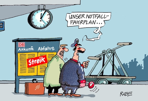 Cartoon: Notfahrplan (medium) by RABE tagged bahn,db,bahnkunden,fahrpreis,fahrpreiserhöhung,rabe,ralf,böhme,cartoon,karikatur,pressezeichnung,farbcartoon,tagescartoon,schnellzug,bahnticket,schlusslicht,passagiere,bahnreisende,puffer,draisine,streik,weselsky,gdl,lokführer,lokführerstreik,notfall,notfallfahrplan,bahn,db,bahnkunden,fahrpreis,fahrpreiserhöhung,rabe,ralf,böhme,cartoon,karikatur,pressezeichnung,farbcartoon,tagescartoon,schnellzug,bahnticket,schlusslicht,passagiere,bahnreisende,puffer,draisine,streik,weselsky,gdl,lokführer,lokführerstreik,notfall,notfallfahrplan