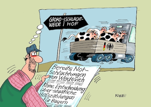 Cartoon: Notschlachtung die gesamte Herde (medium) by RABE tagged bauern,landwirte,hilfszahlungen,landwirtschaftsministerin,julia,glöcker,cdu,hilf,weide,weidevieh,kühe,tiertransport,rabe,ralf,böhme,cartoon,karikatur,pressezeichnung,farbcartoon,tagescartoon,hitze,trockenheit,dürre,wassermangel,viehherde,groko,entscheidung,august,bauern,landwirte,hilfszahlungen,landwirtschaftsministerin,julia,glöcker,cdu,hilf,weide,weidevieh,kühe,tiertransport,rabe,ralf,böhme,cartoon,karikatur,pressezeichnung,farbcartoon,tagescartoon,hitze,trockenheit,dürre,wassermangel,viehherde,groko,entscheidung,august