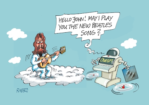 Cartoon: Now and then english (medium) by RABE tagged chatgpt,intelligenz,roboter,ki,volker,wissing,fdp,rabe,ralf,böhme,cartoon,karikatur,pressezeichnung,farbcartoon,tagescartoon,himmel,wolke,gitarre,both,john,lennon,beatles,schallplatte,song,hit,paul,mccartney,liverpool,popgruppe,chatgpt,intelligenz,roboter,ki,volker,wissing,fdp,rabe,ralf,böhme,cartoon,karikatur,pressezeichnung,farbcartoon,tagescartoon,himmel,wolke,gitarre,both,john,lennon,beatles,schallplatte,song,hit,paul,mccartney,liverpool,popgruppe