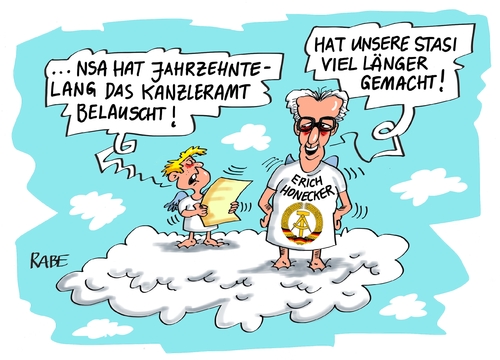 Cartoon: Nsa Kanzleramt (medium) by RABE tagged kanzleramt,spionage,nsa,abhöraffäre,wanzen,kohl,schröder,merkel,internet,geheimdienste,bnd,rabe,ralf,böhme,cartoon,karikatur,pressezeichnung,farbcartoon,tagescartoon,himmel,wolke,engel,erich,honecker,ddr,sed,stasi,überwachungsstaat,mielke,kanzleramt,spionage,nsa,abhöraffäre,wanzen,kohl,schröder,merkel,internet,geheimdienste,bnd,rabe,ralf,böhme,cartoon,karikatur,pressezeichnung,farbcartoon,tagescartoon,himmel,wolke,engel,erich,honecker,ddr,sed,stasi,überwachungsstaat,mielke