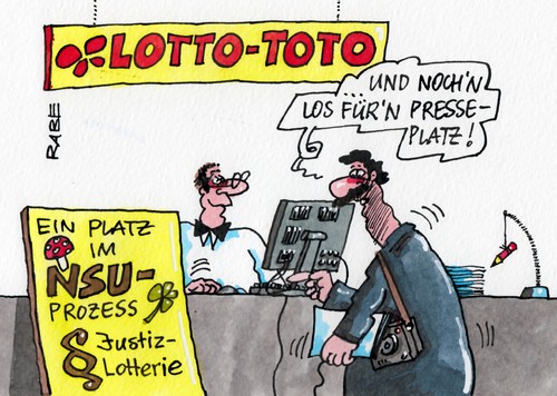 Cartoon: NSU-Losprozess (medium) by RABE tagged nsu,prozess,münchen,presseplätze,los,losvergabe,losverfahren,kontingente,medien,griechen,türken,lotto,toto,platz,berichterstattung,gerichtssaal,justiz,lotterie,rabe,ralf,böhme,cartoon,karikatur,akkreditierungsverfahren,olg,oberlandesgericht,prozessbeginn,tv,presse,nsu,prozess,münchen,presseplätze,los,losvergabe,losverfahren,kontingente,medien,griechen,türken,lotto,toto,platz,berichterstattung,gerichtssaal,justiz,lotterie,rabe,ralf,böhme,cartoon,karikatur,akkreditierungsverfahren,olg,oberlandesgericht,prozessbeginn,tv,presse