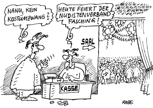 Cartoon: Nudistenfasching (medium) by RABE tagged karneval,fasching,kostümball,nudisten,fkk,freikörperkultur,kostümzwang,kasse,einlaß,euro,narrenkappe,narren,luftschlangen,elferratssitzung,luftballon,konfetti,party,busen,hintern,haut,nackt,nackedei,karneval,fasching,schunkeln,elferrat,festsaal,bühne,elferatssitzung,festakt,schmücken,narren,narrenkappe,verkleidung,verkleiden