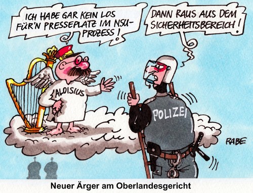 Cartoon: Oberlandesgericht (medium) by RABE tagged oberlandesgericht,münchen,bayern,zschäpe,nsu,prozess,nazi,neonaziprozess,neonazi,nazitrio,nazimorde,dönermorde,richter,juristen,befangenheitsantrag,ralf,böhme,rabe,cartoon,karikatur,pressezeichnung,sicherheitspereich,sicherheitszone,polizei,gerichtsgebäude,presseplätze,los,lostrommel,aloisius,harfe,himmel,oberlandesgericht,münchen,bayern,zschäpe,nsu,prozess,nazi,neonaziprozess,neonazi,nazitrio,nazimorde,dönermorde,richter,juristen,befangenheitsantrag,ralf,böhme,rabe,cartoon,karikatur,pressezeichnung,sicherheitspereich,sicherheitszone,polizei,gerichtsgebäude,presseplätze,los,lostrommel,aloisius,harfe,himmel