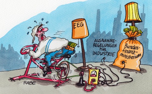 Cartoon: Ökostromumlage (medium) by RABE tagged schäuble,bundesfinanzministerium,sport,kunde,hometrainer,fahrrad,farbcartoon,pressezeichnung,karikatur,cartoon,böhme,ralf,rabe,großbetriebe,haushalt,verbraucher,strompreiserhöhung,industrie,ausnahmeregelung,stromanbieter,strompreis,stromkosten,rekordhöhe,altmaier,bundesumweltminister,wasserkraft,windenergie,eeg,ökostromumlage,ökostrom,ökostrom,ökostromumlage,eeg,windenergie,wasserkraft,bundesumweltminister,altmaier,rekordhöhe,stromkosten,strompreis,stromanbieter,ausnahmeregelung,industrie,strompreiserhöhung,verbraucher,haushalt,großbetriebe,rabe,ralf,böhme,cartoon,karikatur,pressezeichnung,farbcartoon,fahrrad,hometrainer,kunde,sport,bundesfinanzministerium,schäuble