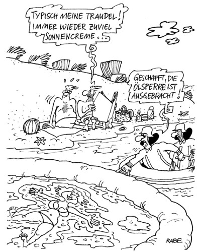 Cartoon: Öliges (medium) by RABE tagged feuerwehr,löschzug,rettungseinsatz,strand,hitze,sonne,wärme,hitzewelle,sonnencreme,sonnenöl,sonnenschutz,sonnenbrand,öl,ölsperre,merr,ozean,sandstrand,bademeister,strandkorb,rettungswache,ölpreis,feuerwehrhelm,rettungsboot,schlauchboot,umweltverschmutzung,feuerwehr,löschzug,rettungseinsatz,hitze,sonne,wärme,hitzewelle,sonnencreme