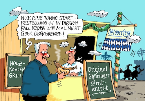 Cartoon: Oktoberfest (medium) by RABE tagged obergrenze,horts,seehofer,csu,flüchtlinge,grenzkontrollen,freistaat,bayern,landeschef,rabe,ralf,böhme,cartoon,karikatur,pressezeichnung,farbcartoon,tagescartoon,wies,oktober,münchen,oktoberfest,bratwürste,weißwurst,thüringen,thüringer,holzkohle,holzkohlegrill,senf,obergrenze,horts,seehofer,csu,flüchtlinge,grenzkontrollen,freistaat,bayern,landeschef,rabe,ralf,böhme,cartoon,karikatur,pressezeichnung,farbcartoon,tagescartoon,wies,oktober,münchen,oktoberfest,bratwürste,weißwurst,thüringen,thüringer,holzkohle,holzkohlegrill,senf