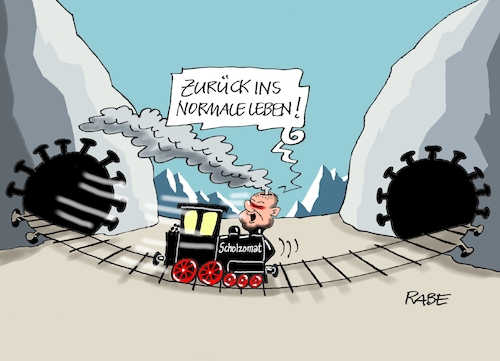 Cartoon: Olaf Knopf der Lokomotivführer (medium) by RABE tagged corona,bundländerkonferenz,merkel,kanzleramt,lockerungen,stufenplan,öffnungen,lockdown,shutdown,baumärkte,impfdosen,rki,fallzahlen,inzidenzwert,spahn,impfzentren,impfreihenfolge,notbremse,impfgipfel,tunnel,schienen,lok,lokomotive,olaf,scholz,scholzomat,spd,öffnungsschritte,impffreiheiten,geimpfte,corona,bundländerkonferenz,merkel,kanzleramt,lockerungen,stufenplan,öffnungen,lockdown,shutdown,baumärkte,impfdosen,rki,fallzahlen,inzidenzwert,spahn,impfzentren,impfreihenfolge,notbremse,impfgipfel,tunnel,schienen,lok,lokomotive,olaf,scholz,scholzomat,spd,öffnungsschritte,impffreiheiten,geimpfte