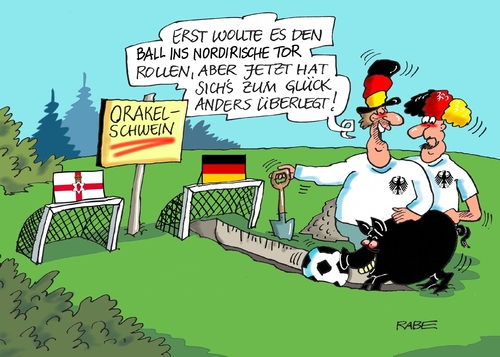 Cartoon: Orakelschwein (medium) by RABE tagged fußball,em,paris,nationalelf,löw,reus,ruby,brandt,bellarabi,rabe,ralf,böhme,cartoon,karikatur,pressezeichnung,farbcartoon,tagescartoo,auswahl,kader,orakel,orakelschwein,norirland,unentschieden,polen,graben,spaten,fußball,em,paris,nationalelf,löw,reus,ruby,brandt,bellarabi,rabe,ralf,böhme,cartoon,karikatur,pressezeichnung,farbcartoon,tagescartoo,auswahl,kader,orakel,orakelschwein,norirland,unentschieden,polen,graben,spaten