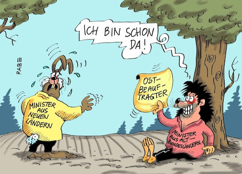 Cartoon: Ostbeauftragter (medium) by RABE tagged ostbeauftragter,ostbeauftragte,osten,neue,länder,altbundesländer,minister,ministerposten,groko,rabe,ralf,böhme,cartoon,karikatur,pressezeichnung,farbcartoon,tagescartoon,hase,igel,wettlauf,märchen,brüder,grimm,acker,sachsen,thüringen,streit,ostbeauftragter,ostbeauftragte,osten,neue,länder,altbundesländer,minister,ministerposten,groko,rabe,ralf,böhme,cartoon,karikatur,pressezeichnung,farbcartoon,tagescartoon,hase,igel,wettlauf,märchen,brüder,grimm,acker,sachsen,thüringen,streit