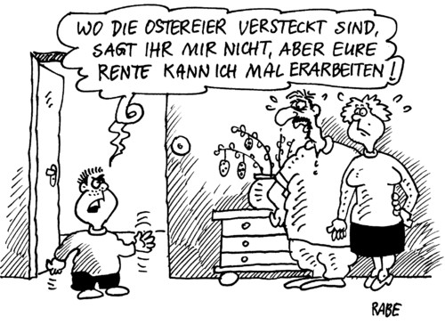 Cartoon: Osterrente (medium) by RABE tagged ostern,ostereier,eier,osternest,ostergeschenk,osterversteck,ostereiersuche,familie,vater,mutter,kind,mann,frau,ehepaar,rente,arbeit,rentenauszahlung,rentenerhöhung,rentner,oma,opa,euro,krise,junge,bfa,jobcenter,bundesarbeitsministerrin,von,der,leyen,cdu,osterhase,kücken,hühner,rentenausgleich,rentenalter,arbeitsagentur,rentenzahlung,rentenbeitrag,rentenkasse,ostern,ostereier,eier,osternest,ostergeschenk,osterversteck,ostereiersuche,familie