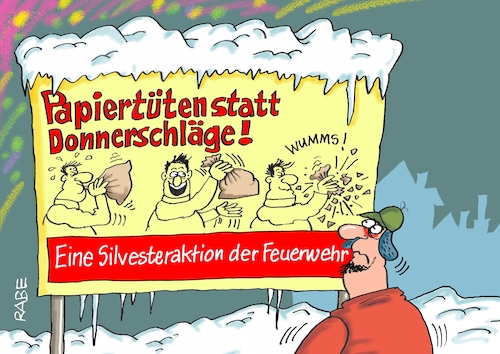 Cartoon: Papiertütenböller (medium) by RABE tagged silvester,neujahr,jahresbeginn,prosit,rutsch,feuerwerk,böller,neujahrsansprache,silvesteransprache,rabe,ralf,böhme,cartoon,karikatur,pressezeichnung,farbcartoon,tagescartoon,tv,raketen,umwelt,feuerwehr,umweltschutz,knallerei,papier,papiertüten,tüten,silvester,neujahr,jahresbeginn,prosit,rutsch,feuerwerk,böller,neujahrsansprache,silvesteransprache,rabe,ralf,böhme,cartoon,karikatur,pressezeichnung,farbcartoon,tagescartoon,tv,raketen,umwelt,feuerwehr,umweltschutz,knallerei,papier,papiertüten,tüten