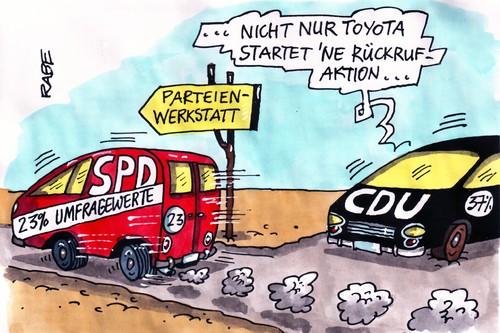 Cartoon: Parteienwerkstatt (medium) by RABE tagged partei,beliebtheitsskala,rückrufaktion,politbarometer,umfragewerte,union,cdu,spd,bundesregierung,parteivorsitzender,parteienlandschaft,räder,reifen,geld,krise,euro,bremse,lenkung,autowerkstatt,beifahrer,toyota,adac,sicherheitsgurt,verkehr,straße,politikverdrossenheit,autoverkäufer,autohaus,partei,bundesregierung,umfragewerte,krise