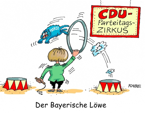 Cartoon: Parteitagszirkus (medium) by RABE tagged cdu,parteitag,karlsruhe,merkel,seehofer,csu,flüchtlinge,flüchtlingsdebatte,obergrenze,bayern,rabe,ralf,böhme,cartoon,karikatur,pressezeichnung,farbcartoon,tagescartoon,zirkus,mange,reifen,sägespäne,kater,katze,horst,cdu,parteitag,karlsruhe,merkel,seehofer,csu,flüchtlinge,flüchtlingsdebatte,obergrenze,bayern,rabe,ralf,böhme,cartoon,karikatur,pressezeichnung,farbcartoon,tagescartoon,zirkus,mange,reifen,sägespäne,kater,katze,horst