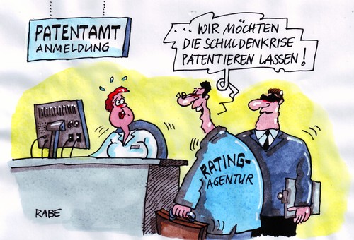 Cartoon: Patentlösung (medium) by RABE tagged bundesregierung,kanzlerin,merkel,cdu,schäuble,finanzminister,patent,patentamt,patentlösung,patentanmeldung,rating,ratingagentur,fitch,moodys,herabstufung,spanien,griechenlan,athen,euro,eu,brüssel,eurokrise,schuldenkrise,stattspleite,währungsunion,rettungsschirm,banken,bankenkrise,bankenchef,deutsche,bank,ackermann,börse,kredit,schuldenerlass,aktien,dowjones,dax,bundesregierung,merkel,cdu,schäuble,finanzminister,patent