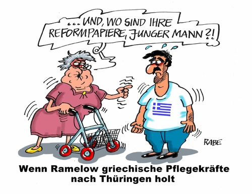 Cartoon: Pflegemangel (medium) by RABE tagged ramelow,mohring,thüringen,landtag,debatte,cdu,linke,erfurt,rabe,ralf,böhme,cartoon,karikatur,pressezeichnung,farbcartoon,tagescartoon,kommunen,städte,gemeindengrieche,griechenland,pflegemangel,pflegeheim,fachpersonal,reform,reformpaier,athen,einreise,zuwanderer,rentner,pfleger,altenpflege,alterheim,senioren,seniorenheim,pflegenotstand,ramelow,mohring,thüringen,landtag,debatte,cdu,linke,erfurt,rabe,ralf,böhme,cartoon,karikatur,pressezeichnung,farbcartoon,tagescartoon,kommunen,städte,gemeindengrieche,griechenland,pflegemangel,pflegeheim,fachpersonal,reform,reformpaier,athen,einreise,zuwanderer,rentner,pfleger,altenpflege,alterheim,senioren,seniorenheim,pflegenotstand